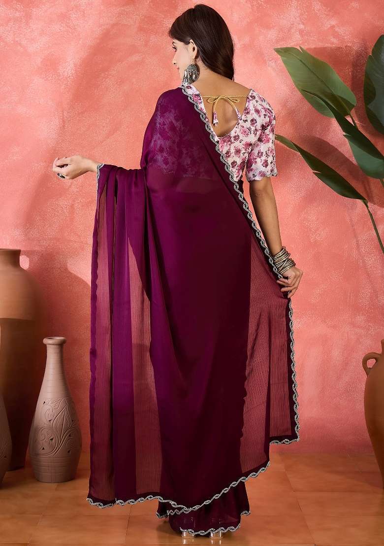 Wine Embellished Chiffon Saree Set - Indya