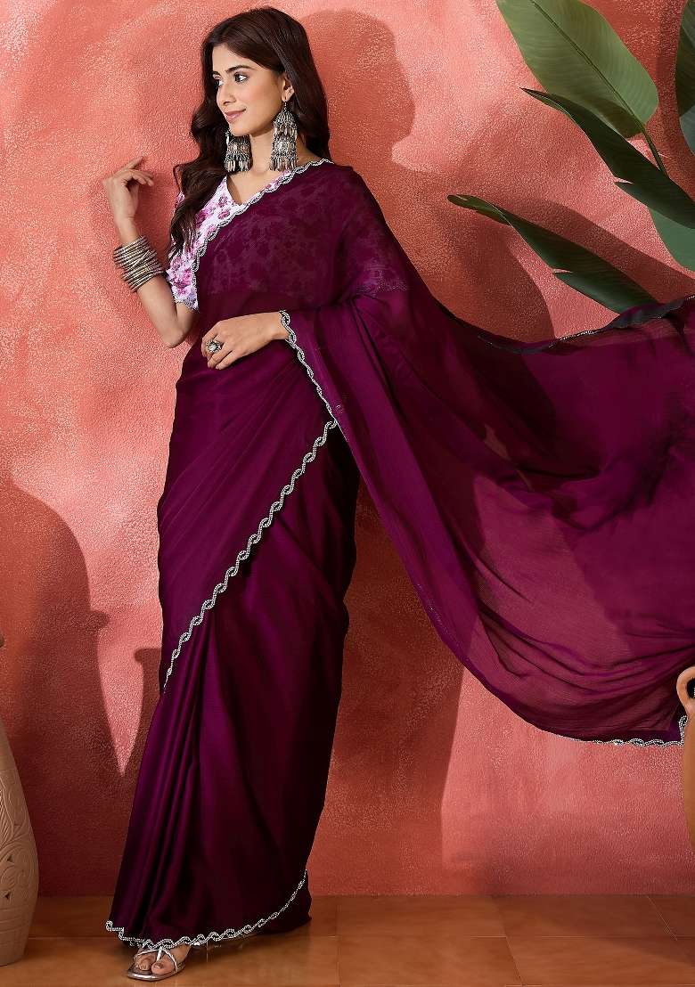 Wine Embellished Chiffon Saree Set - Indya