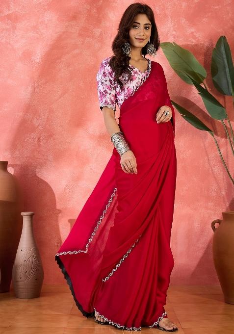 Rust Embellished Chiffon Saree Set