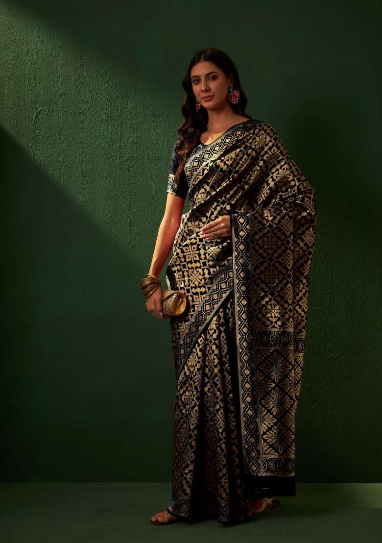 Black Motif Silk Saree Set - Indya