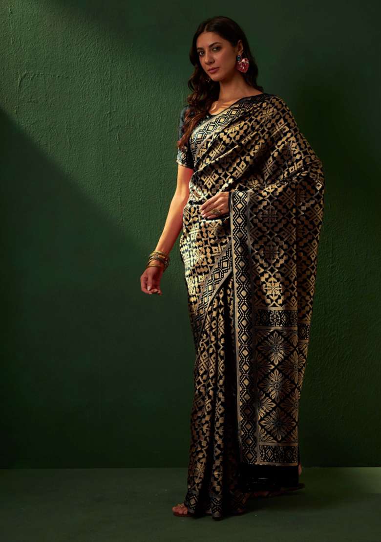 Black Motif Silk Saree Set - Indya