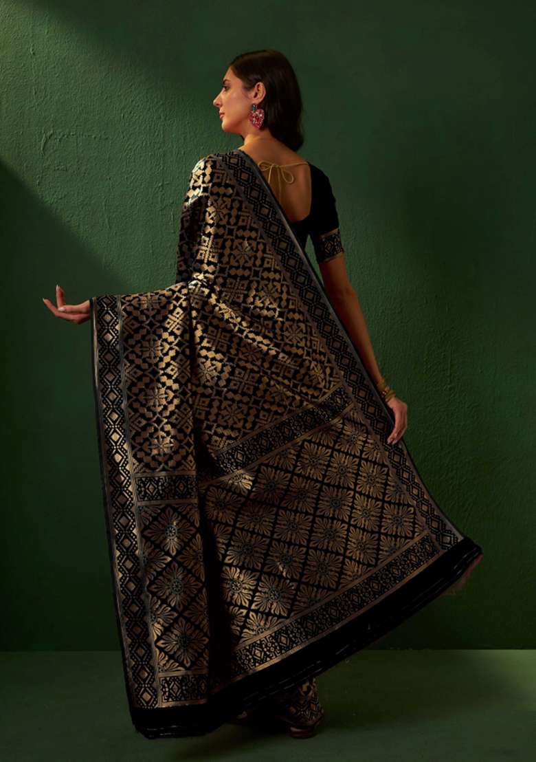 Black Motif Silk Saree Set - Indya