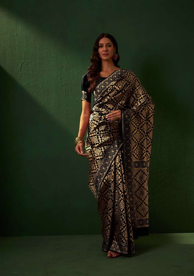 Black Motif Silk Saree Set - Indya