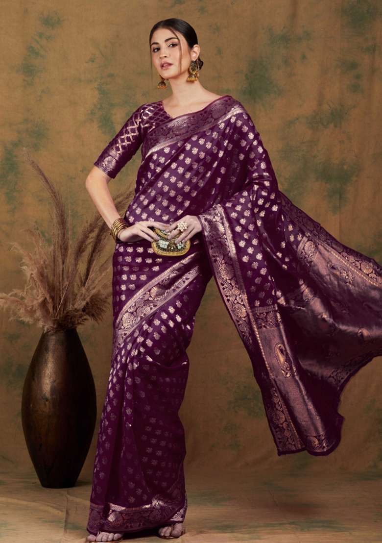 Purple Motif Silk Blend Saree Set - Indya
