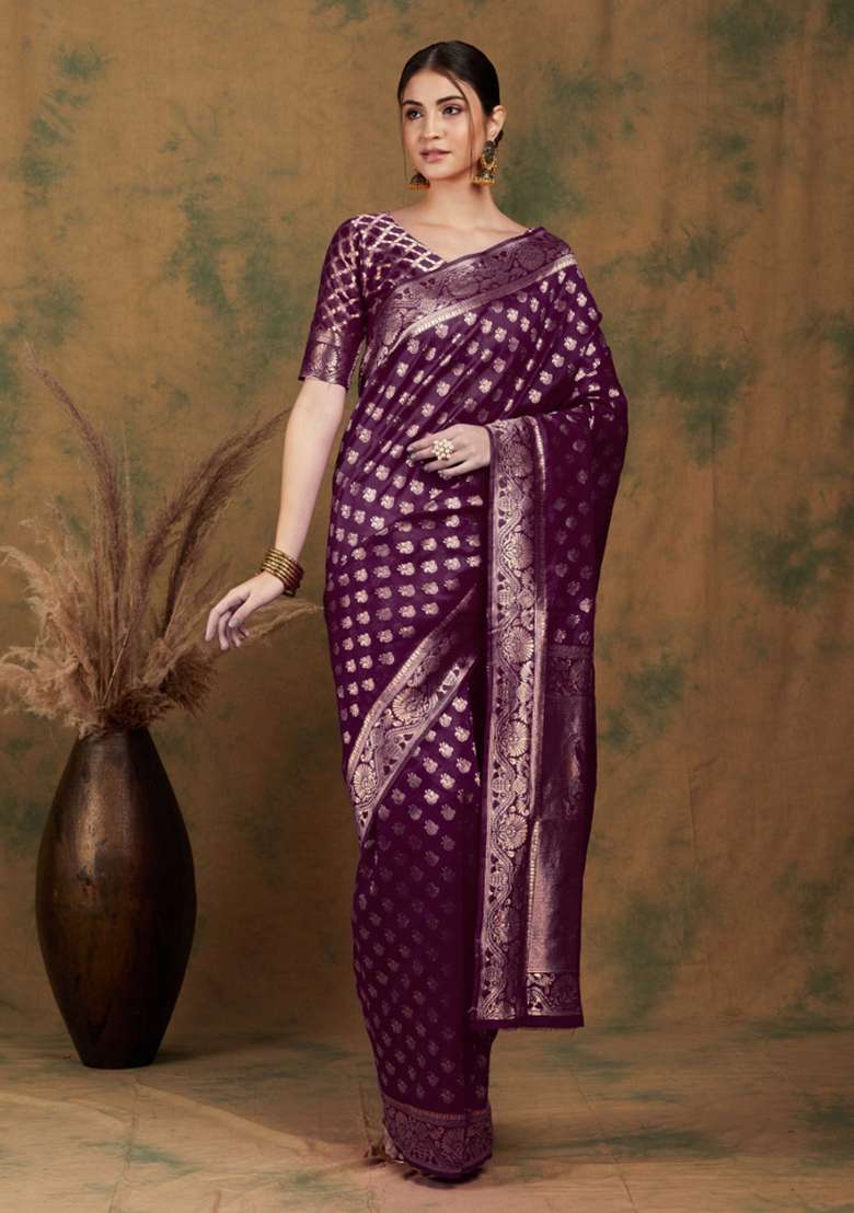 Purple Motif Silk Blend Saree Set - Indya