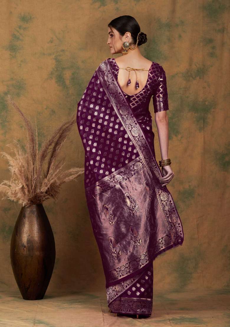 Purple Motif Silk Blend Saree Set - Indya