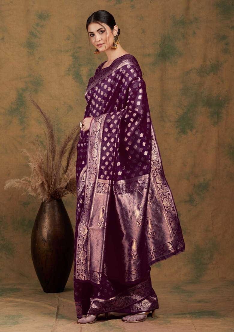 Purple Motif Silk Blend Saree Set - Indya