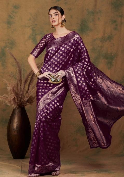 Purple Motif Silk Saree Set