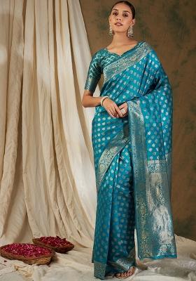 Sky Blue Motif Silk Saree Set