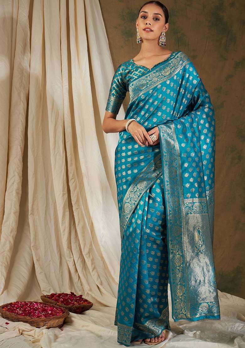 Sky Blue Motif Silk Blend Saree Set - Indya
