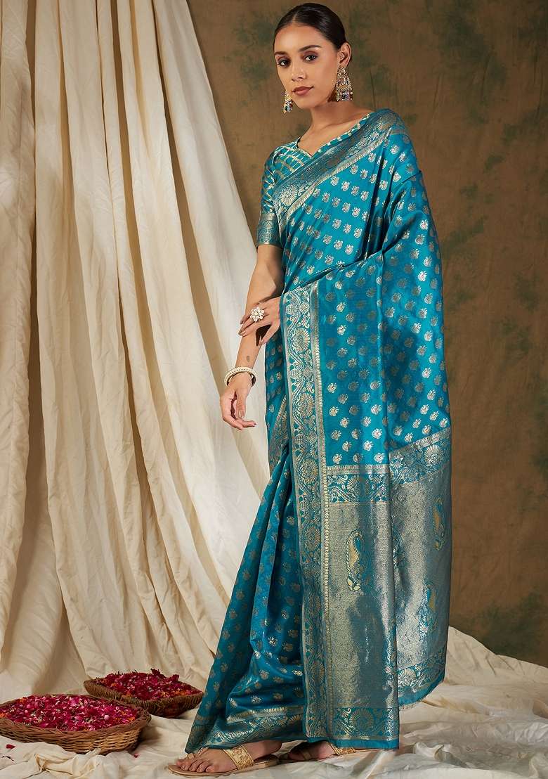 Sky Blue Motif Silk Blend Saree Set - Indya