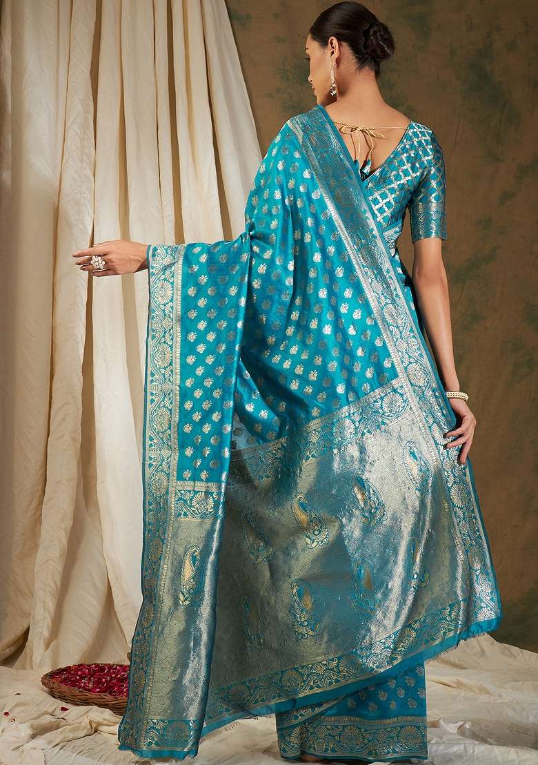 Sky Blue Motif Silk Blend Saree Set - Indya