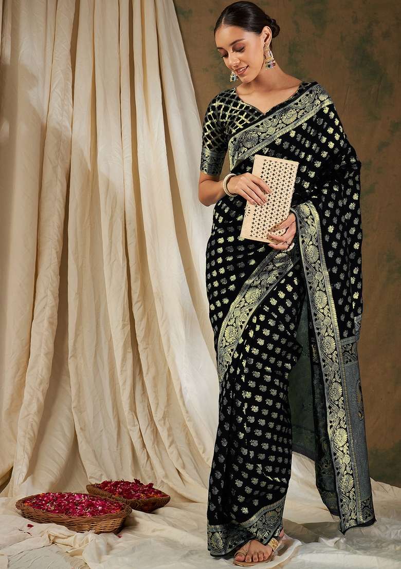 Black Motif Silk Blend Saree Set - Indya
