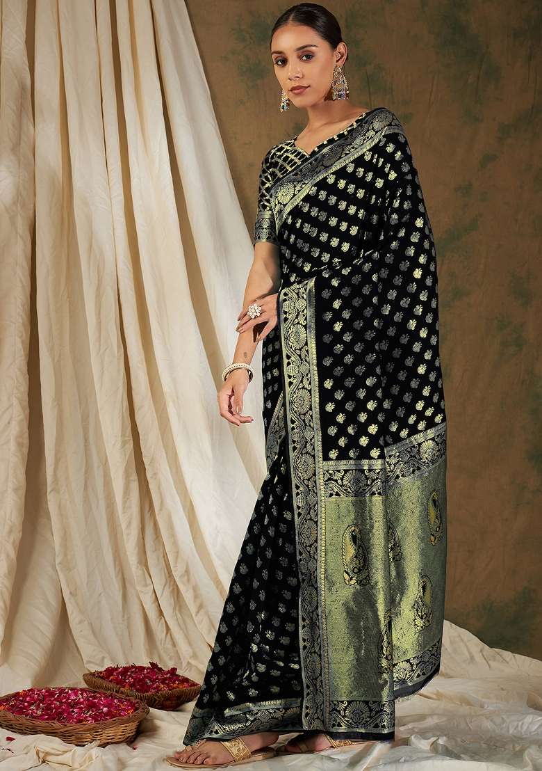 Black Motif Silk Blend Saree Set - Indya