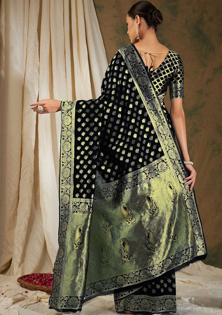 Black Motif Silk Blend Saree Set - Indya