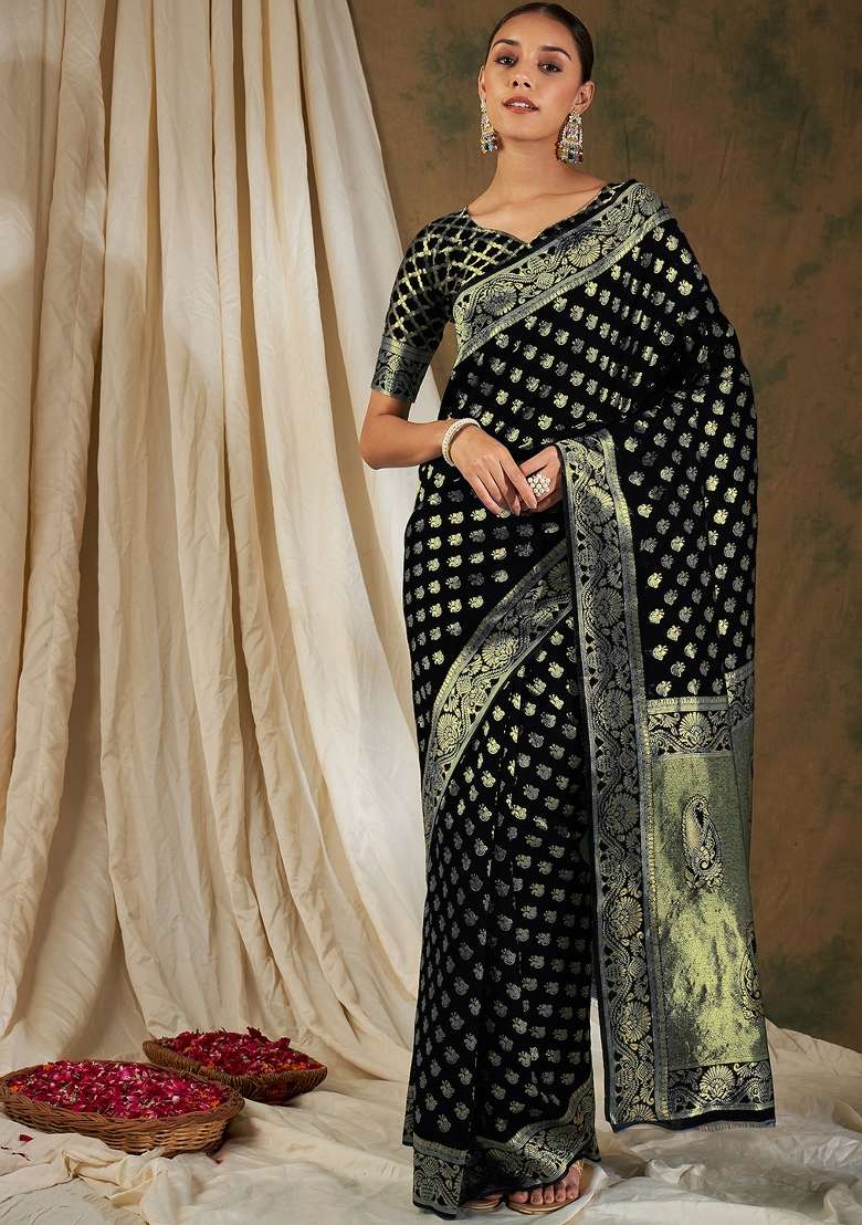 Black Motif Silk Blend Saree Set - Indya
