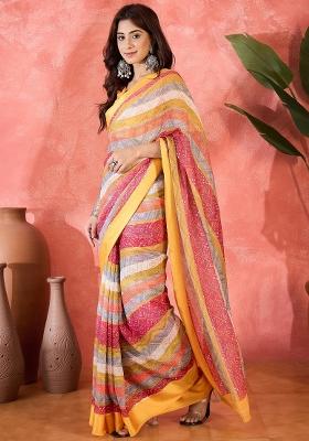 Yellow Printed Chiffon Saree Set