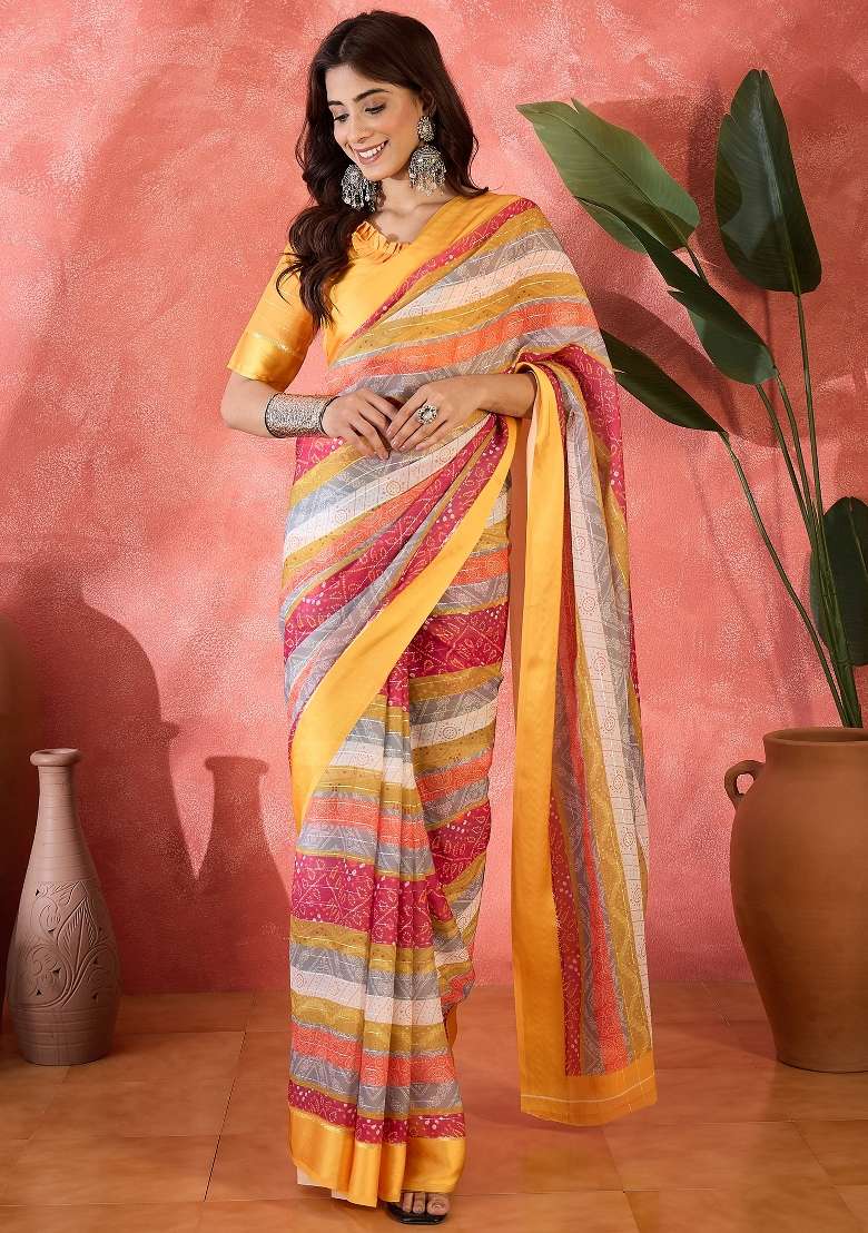 Yellow Printed Chiffon Saree Set - Indya