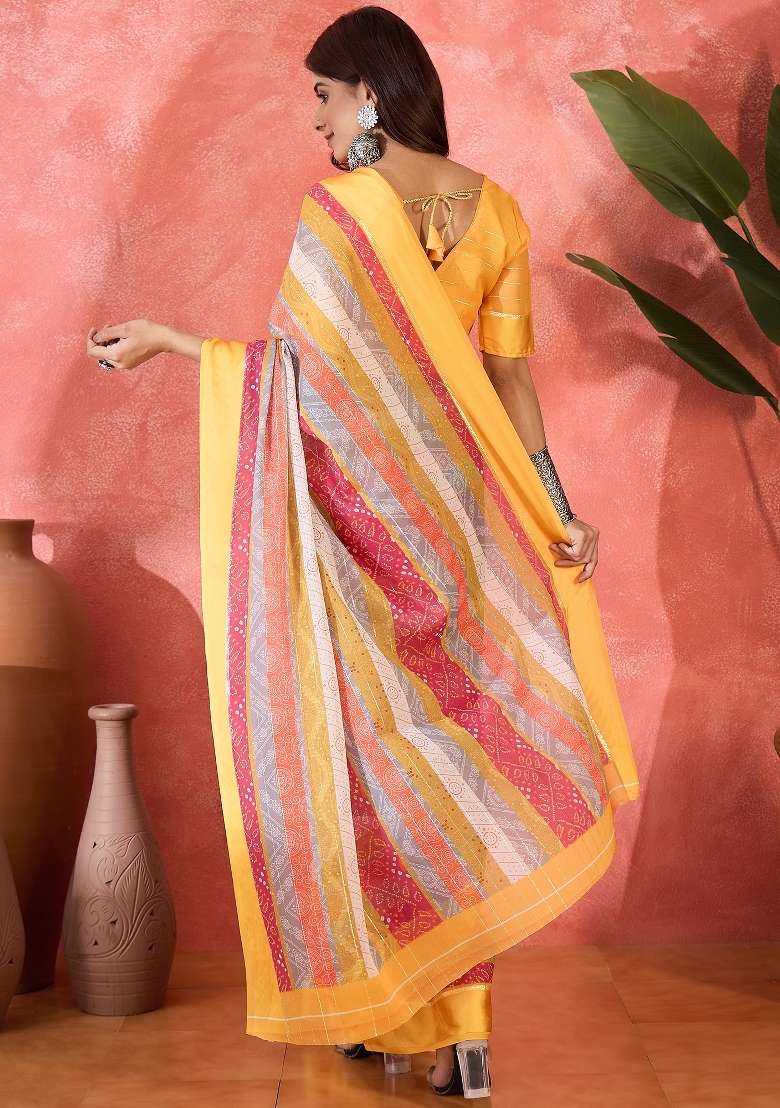 Yellow Printed Chiffon Saree Set - Indya