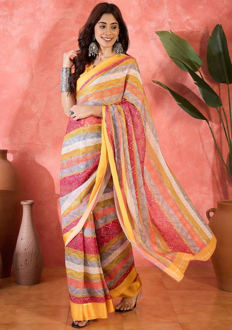 Yellow Printed Chiffon Saree Set - Indya
