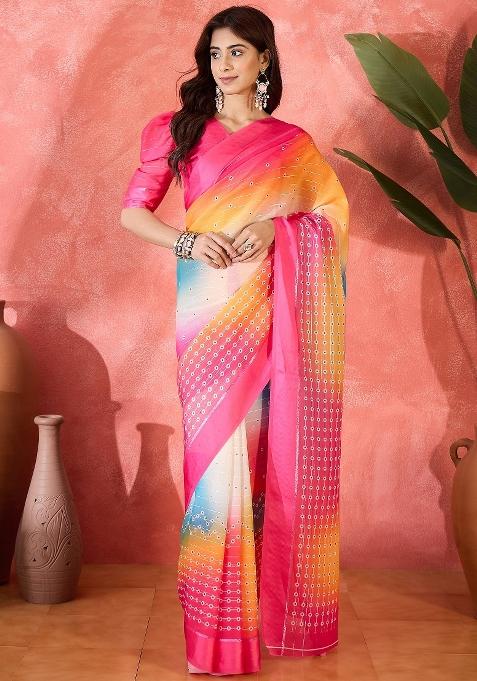 Multicolour Printed Chiffon Saree Set