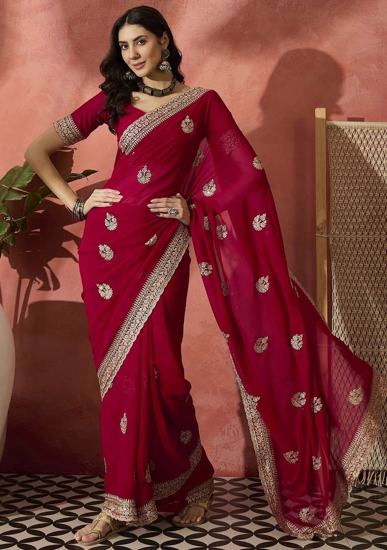 Red Embroidered Georgette Saree Set - Indya