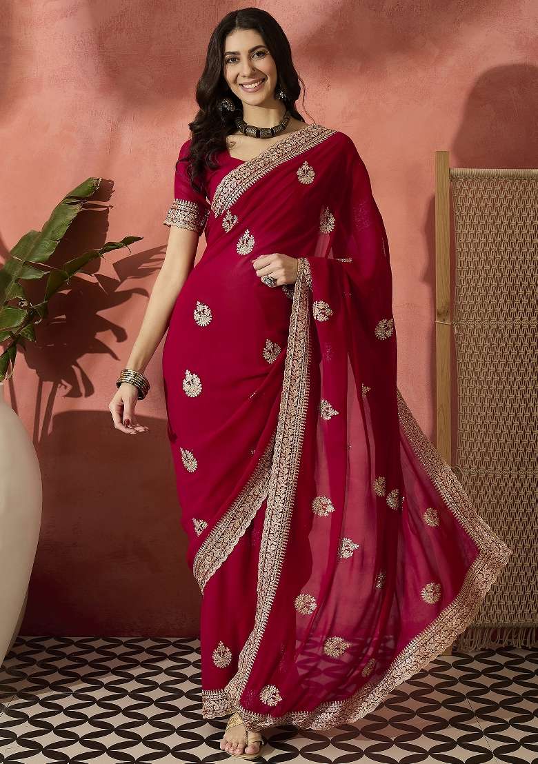 Red Embroidered Georgette Saree Set - Indya