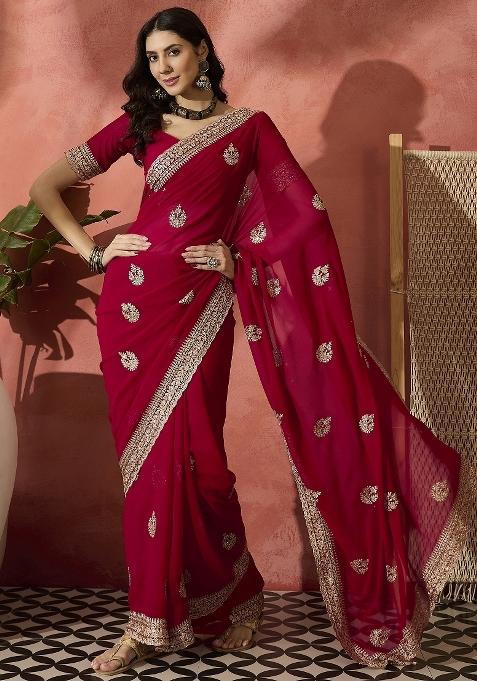 Red Embroidered Georgette Saree Set