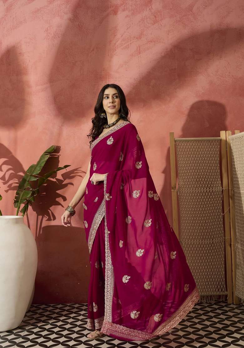 Rani Pink Embroidered Georgette Saree Set - Indya