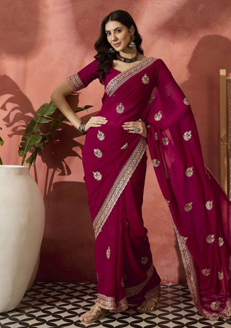 Rani Pink Embroidered Georgette Saree Set - Indya