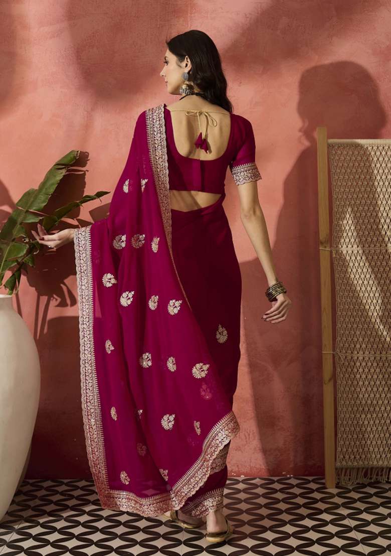 Rani Pink Embroidered Georgette Saree Set - Indya
