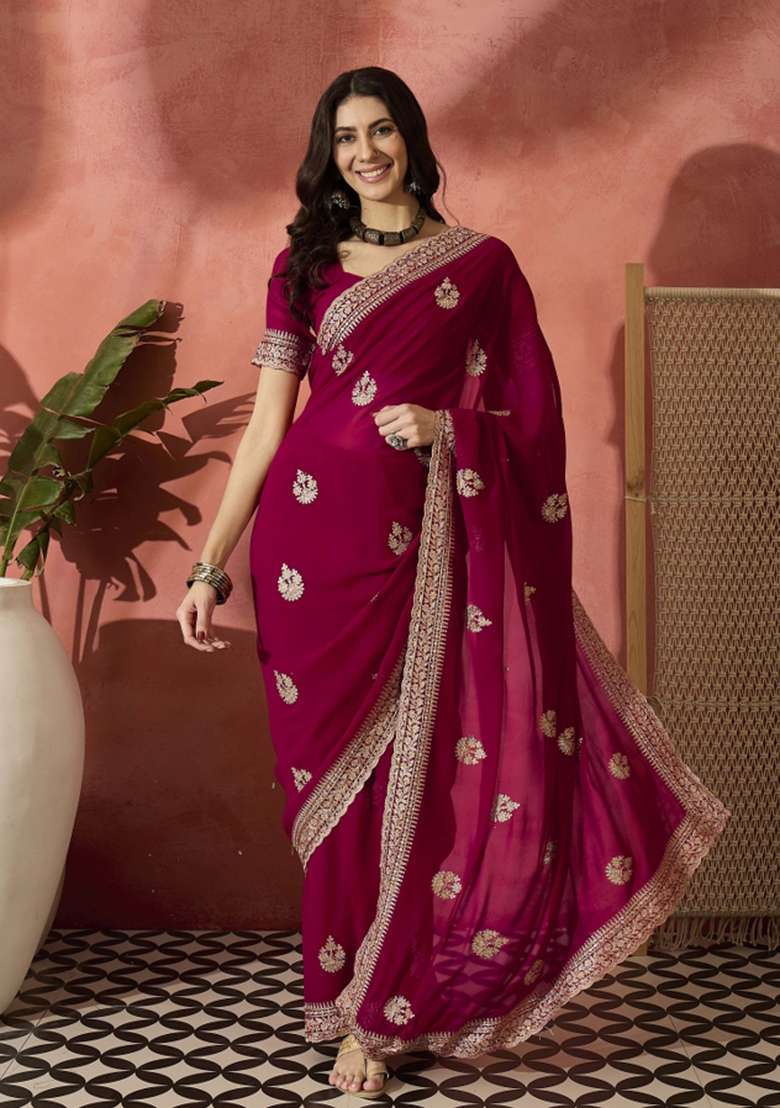 Rani Pink Embroidered Georgette Saree Set - Indya