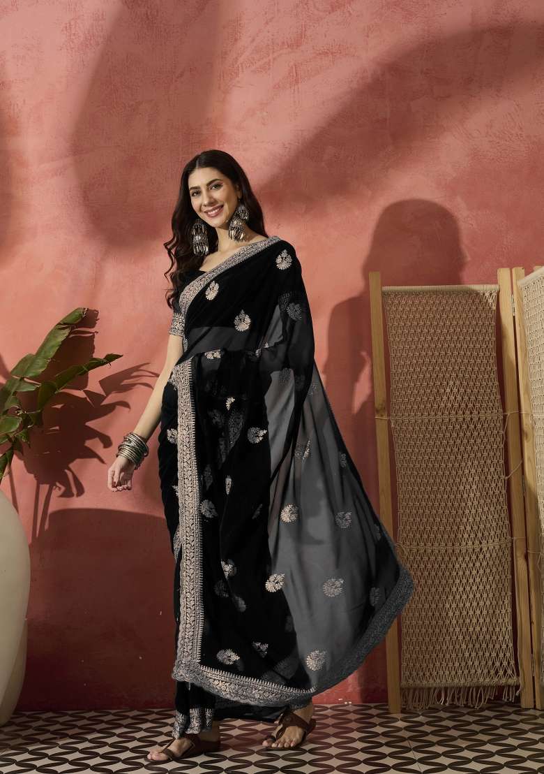 Black Embroidered Georgette Saree Set - Indya