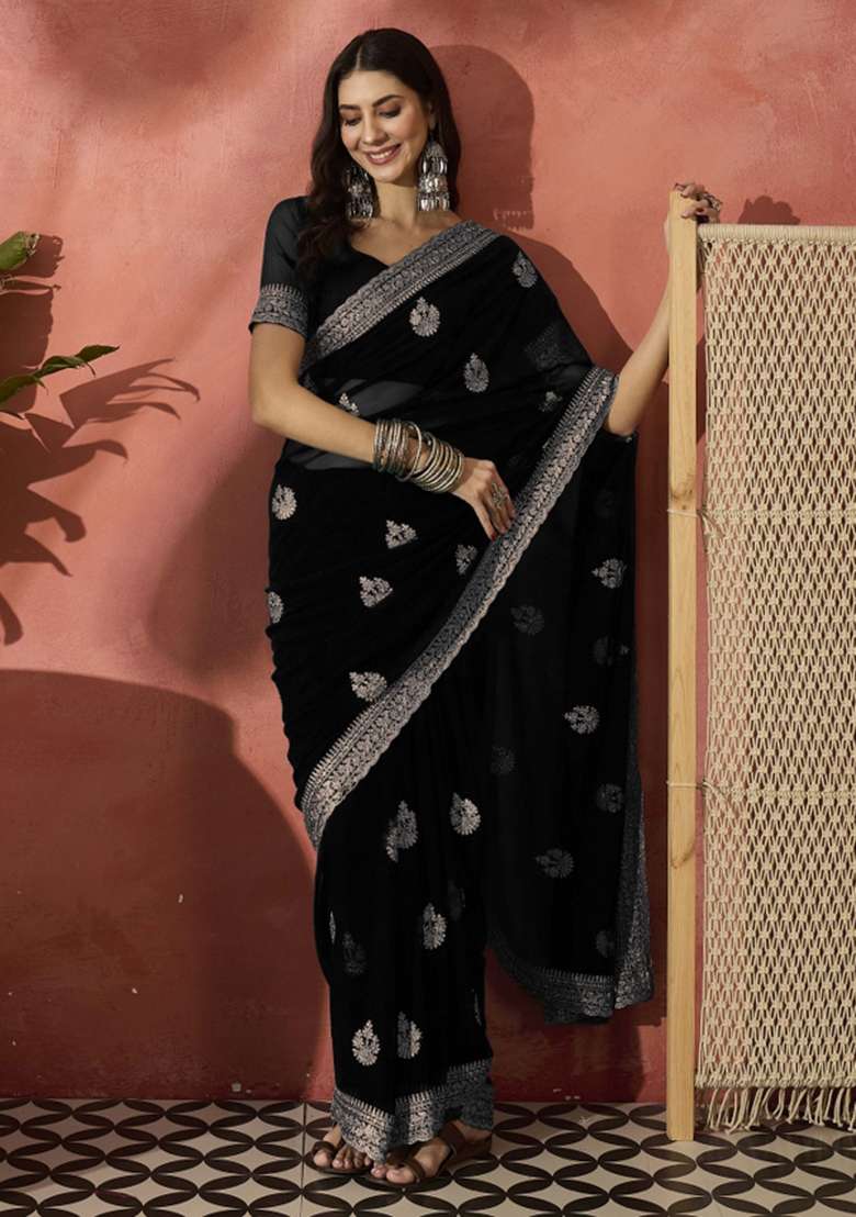 Black Embroidered Georgette Saree Set - Indya