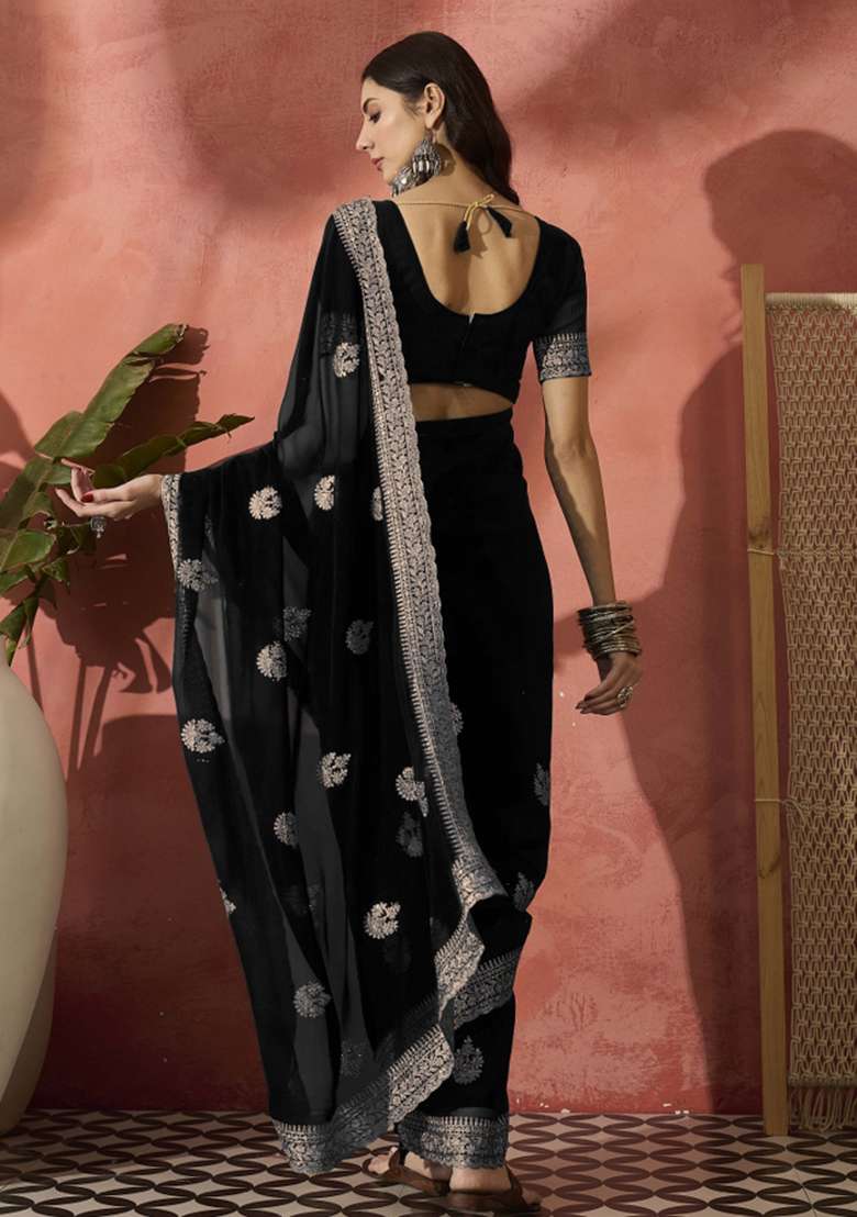 Black Embroidered Georgette Saree Set - Indya