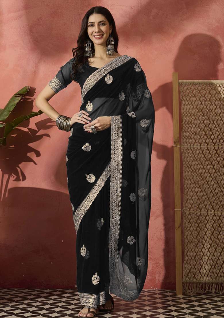 Black Embroidered Georgette Saree Set - Indya