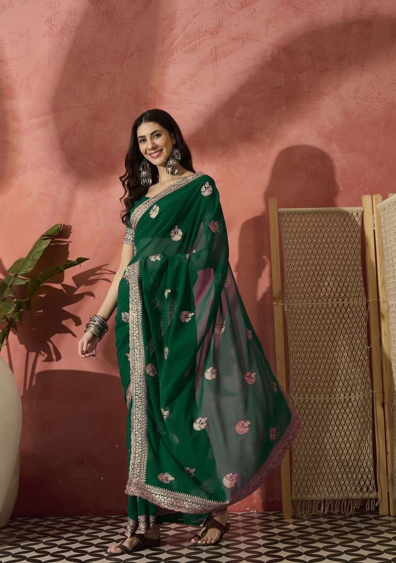 Bottle Green Embroidered Georgette Saree Set - Indya