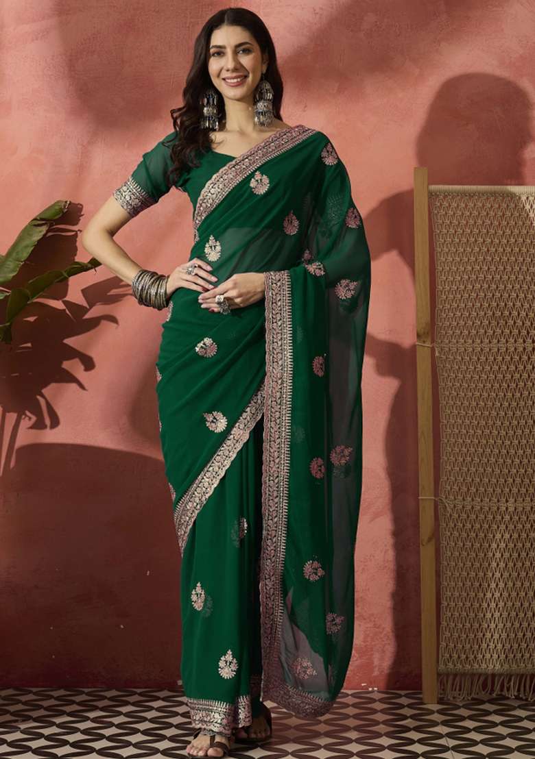 Bottle Green Embroidered Georgette Saree Set - Indya