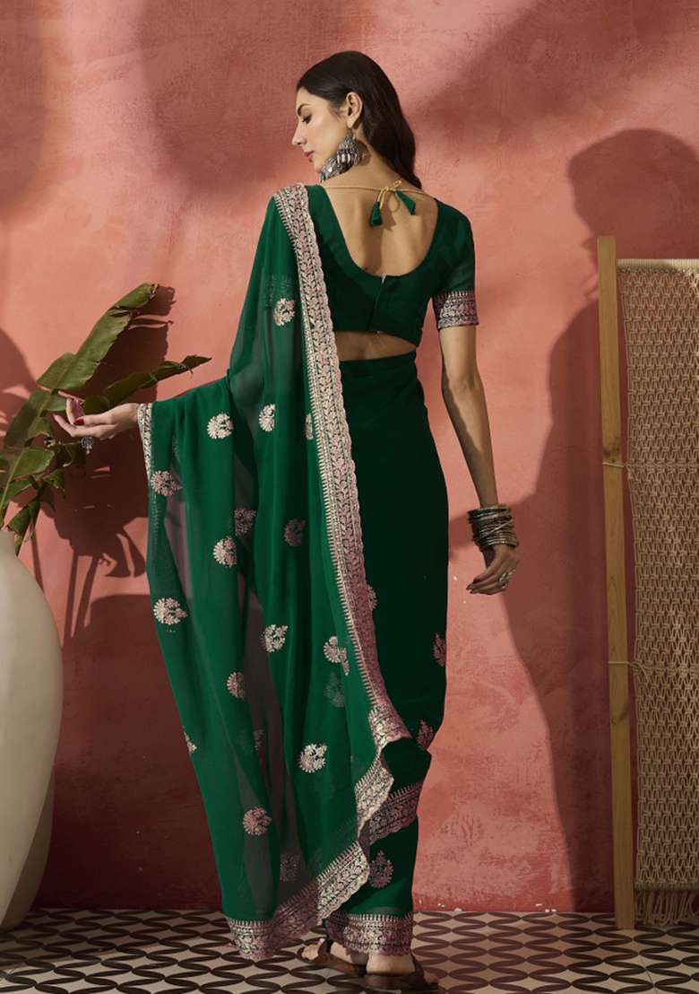 Bottle Green Embroidered Georgette Saree Set - Indya