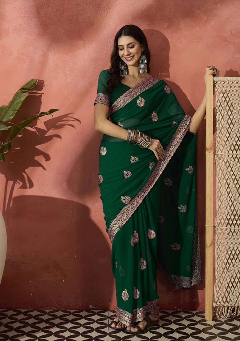 Bottle Green Embroidered Georgette Saree Set - Indya