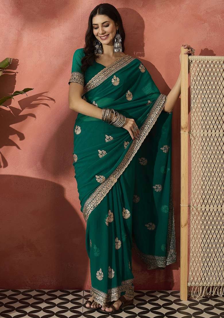 Teal Embroidered Georgette Saree Set - Indya