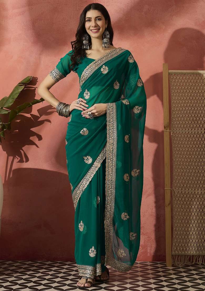 Teal Embroidered Georgette Saree Set - Indya