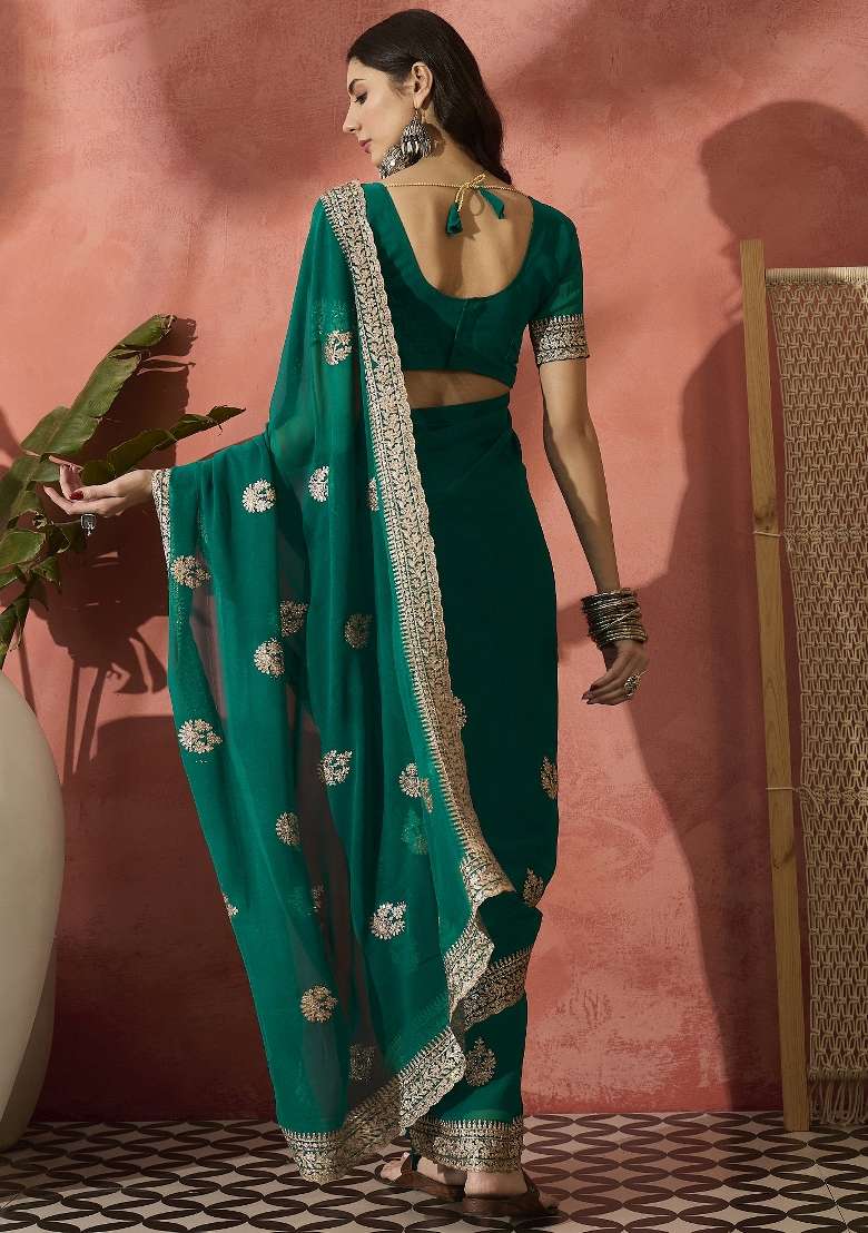 Teal Embroidered Georgette Saree Set - Indya