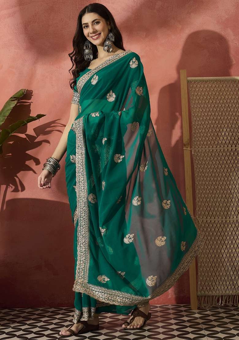 Teal Embroidered Georgette Saree Set - Indya