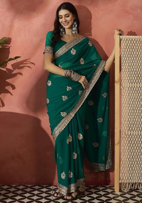 Teal Embroidered Georgette Saree Set