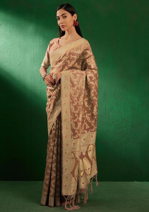 Cream Motif Silk Saree Set