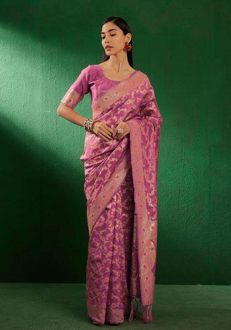 Baby Pink Motif Silk Saree Set