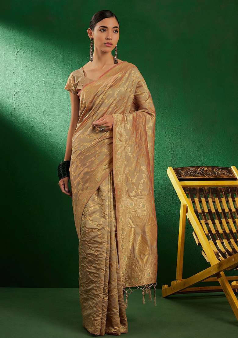 Beige Motif Silk Blend Saree Set - Indya