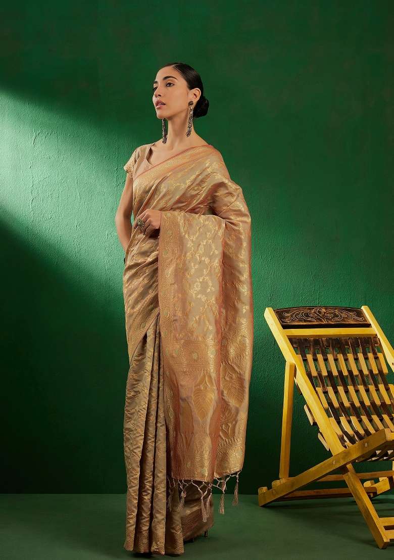 Beige Motif Silk Blend Saree Set - Indya