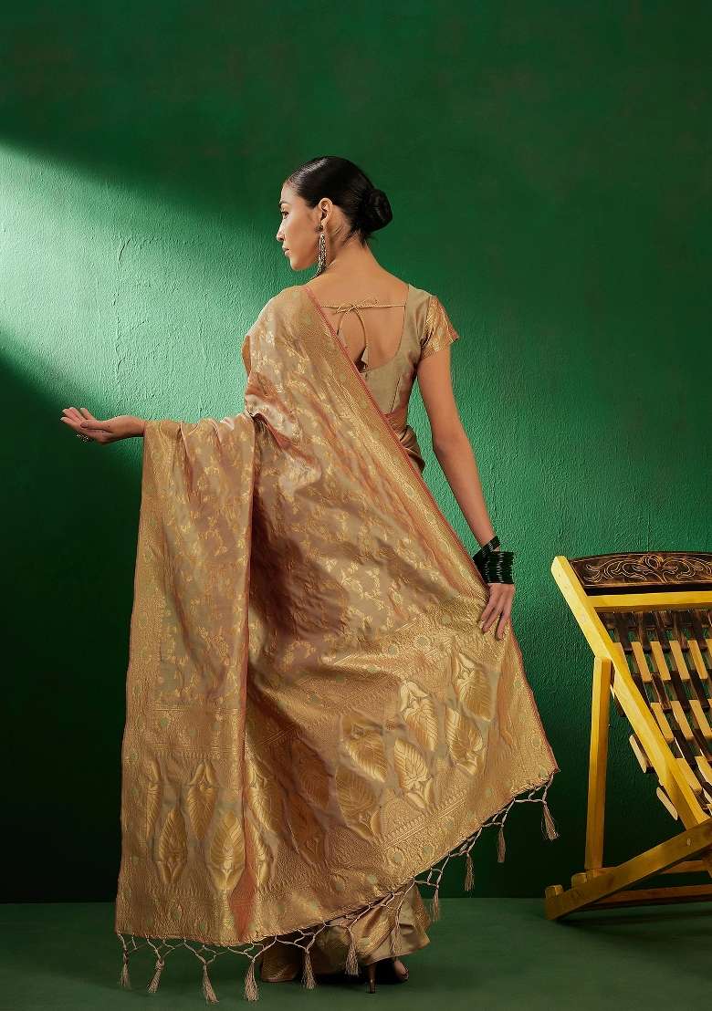 Beige Motif Silk Blend Saree Set - Indya